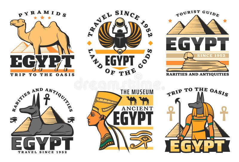 Travel to Egypt, great pyramids isolated icons. Vector camel and scarab, sphinx and Pharaoh Hound, Nefertiti queen and Anubis God. Ancient history of Egyptian culture and religion, museum symbols. Travel to Egypt, great pyramids isolated icons. Vector camel and scarab, sphinx and Pharaoh Hound, Nefertiti queen and Anubis God. Ancient history of Egyptian culture and religion, museum symbols